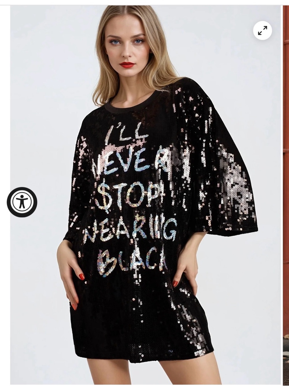 Kate Hewko I’ll Never Stop Wearing Black oversized sequin dress